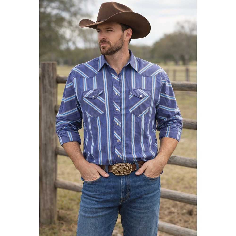 Wrangler Western Snap Shirt Men's 2XL Blue Striped Pearl Snap Cowboy‎ Shirt